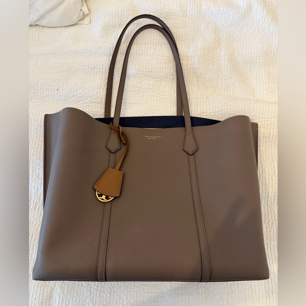 Tory Burch Perry Triple Compartment Leather Tote Laptop Bag- Taupe Color